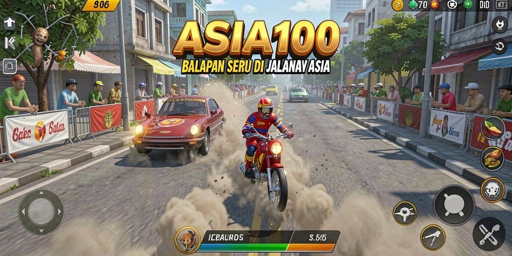 Tampilan gameplay menegangkan di ASIA100 saat balapan di jalanan Asia.