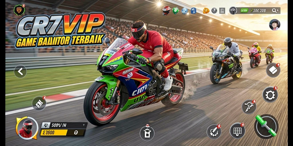Tangkapan layar gameplay CR7VIP yang menunjukkan aksi balap motor yang mendebarkan.