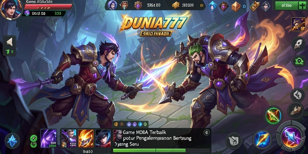 Tampilan gameplay DUNIA777 yang penuh aksi dalam pertempuran MOBA.