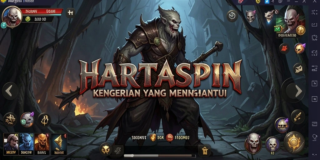 Tangkapan layar gameplay HARTASPIN menampilkan suasana menegangkan dan makhluk mengerikan.