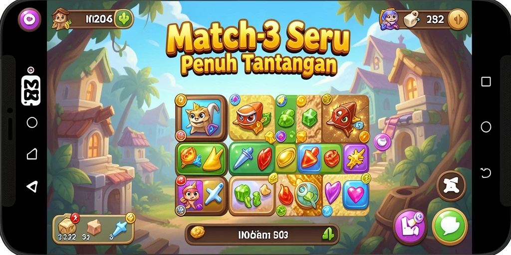 Screenshot menunjukkan gameplay IN22 dengan permata warna-warni yang dinamis.