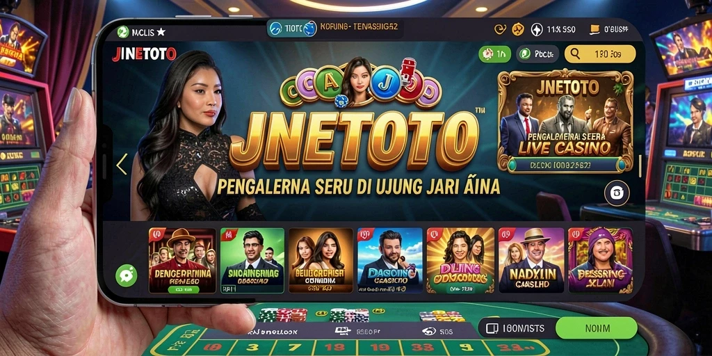 Tampilan gameplay JNETOTO yang menggugah selera dengan dealer langsung dan suasana kasino.
