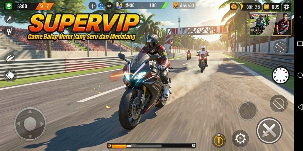 Tampilan gameplay mendebarkan dalam balap motor SUPERVIP.