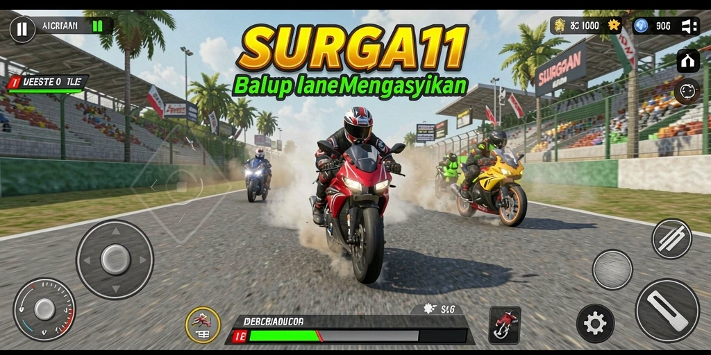 Tampilan gameplay SURGA11 yang menegangkan dan seru saat balapan motor.