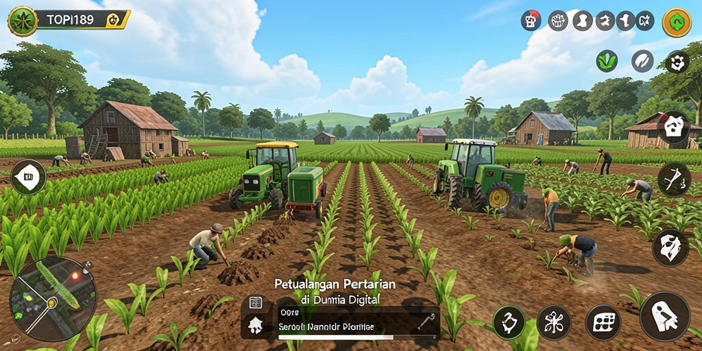 Screenshot gameplay TOPI189 menampilkan kebun yang hijau dan subur.