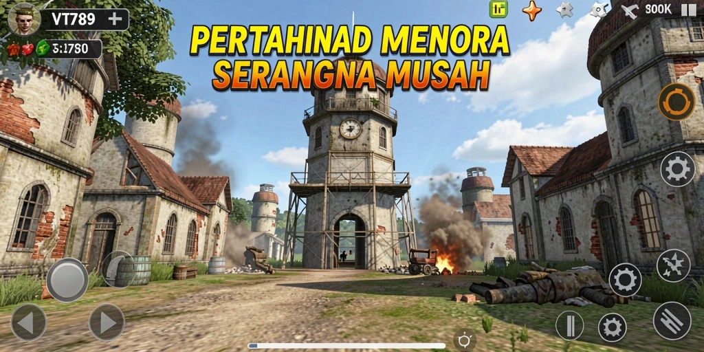 Menampilkan serangan menara dalam gameplay Tower Defense yang mendebarkan.
